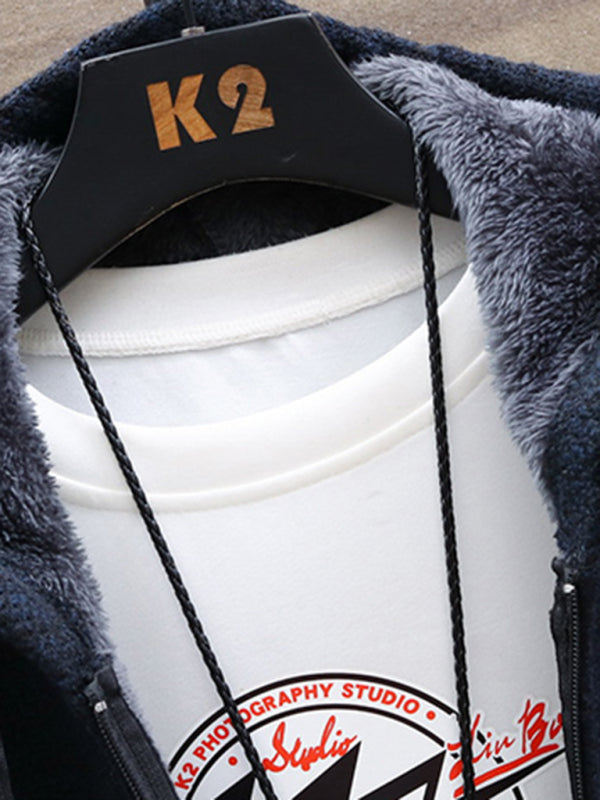 Men’s Color Block Faux Fur Lining Zip Front Hooded Drawstring Hood Sweatshirt Jacket