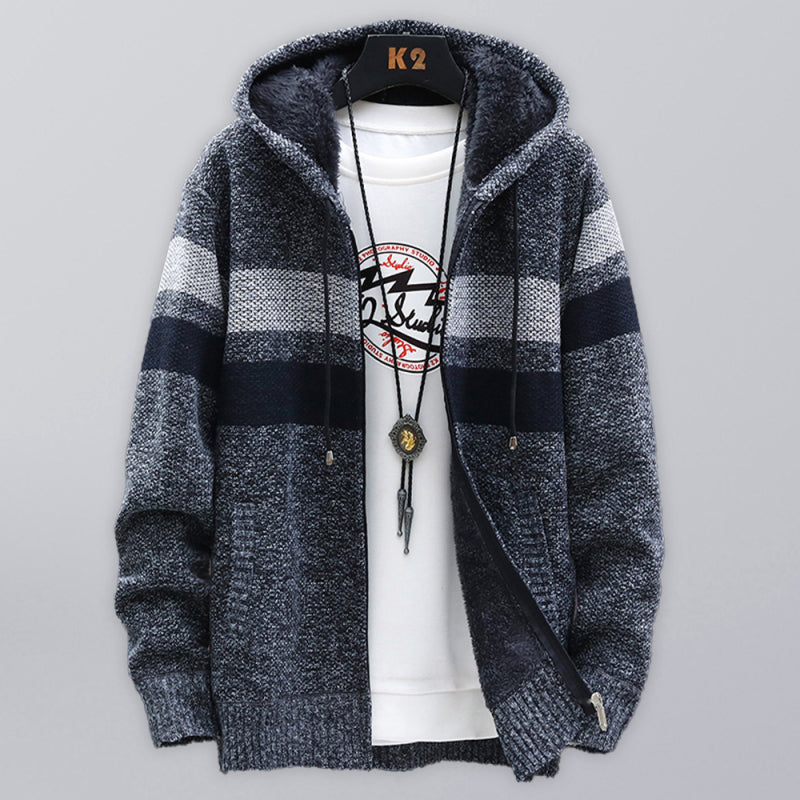 Men’s Color Block Faux Fur Lining Zip Front Hooded Drawstring Hood Sweatshirt Jacket