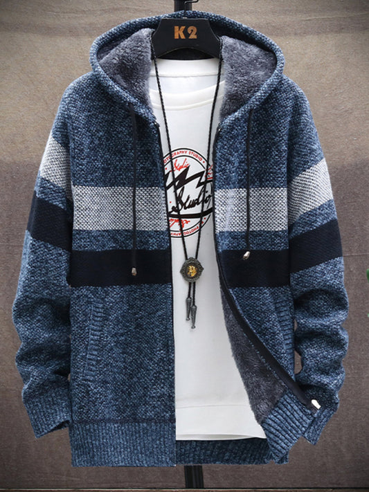 Men’s Color Block Faux Fur Lining Zip Front Hooded Drawstring Hood Sweatshirt Jacket