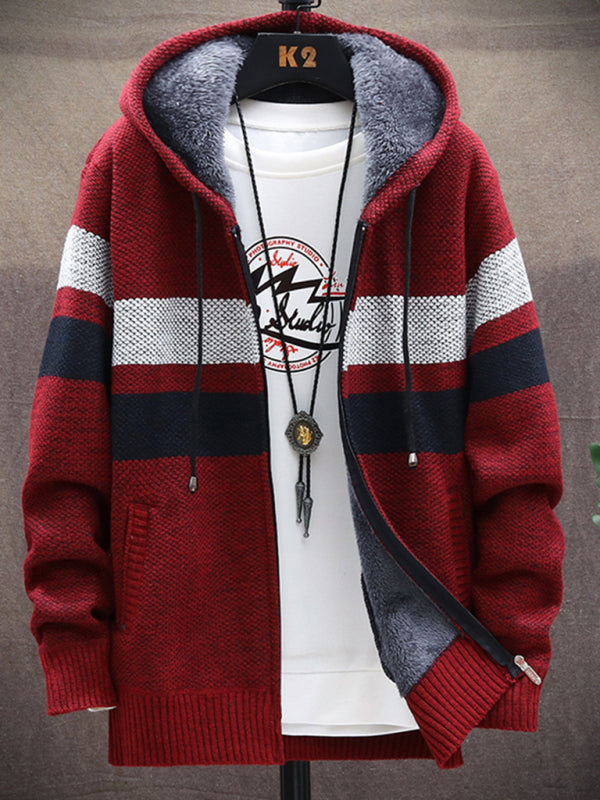 Men’s Color Block Faux Fur Lining Zip Front Hooded Drawstring Hood Sweatshirt Jacket