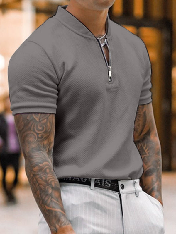 Men's Solid Color Zipper Stand Collar Casual Short Sleeve T-shirt