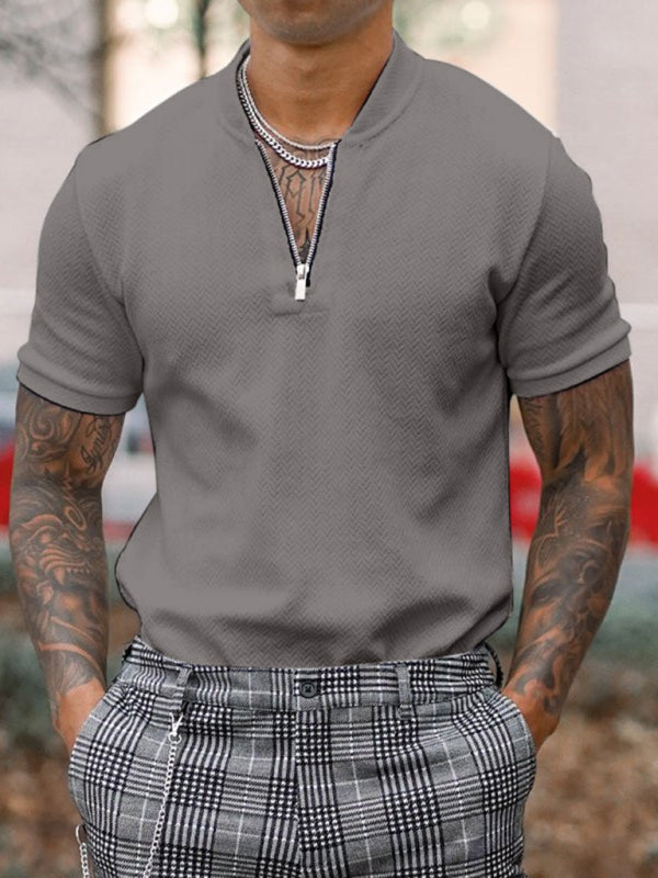 Men's Solid Color Zipper Stand Collar Casual Short Sleeve T-shirt