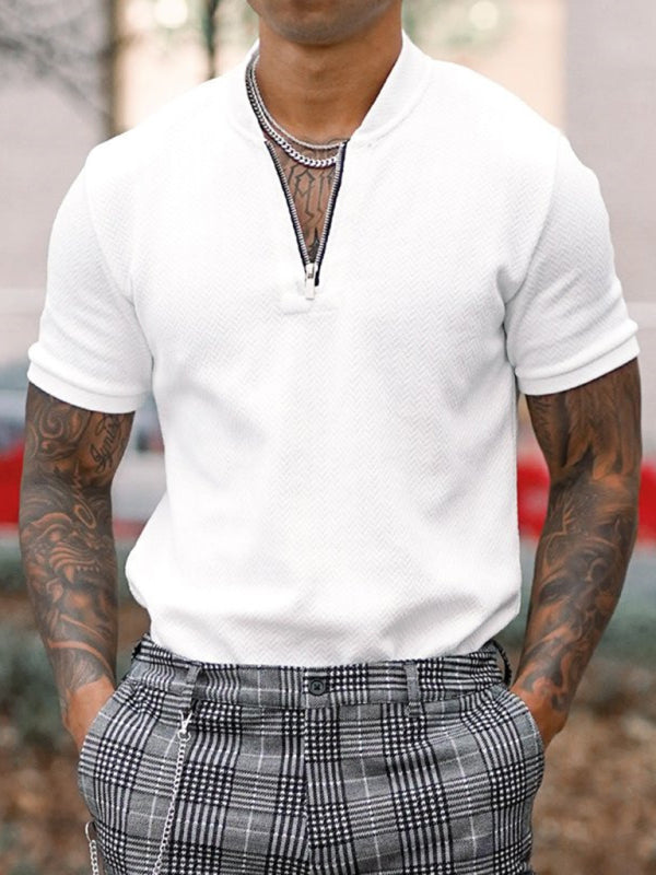Men's Solid Color Zipper Stand Collar Casual Short Sleeve T-shirt