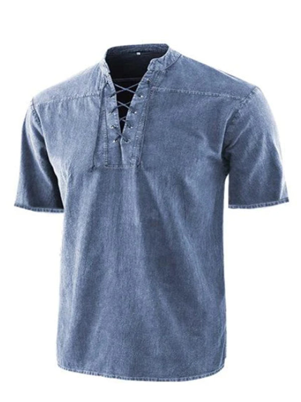 Men's Solid Color Lace Up Woven Short Sleeve Top