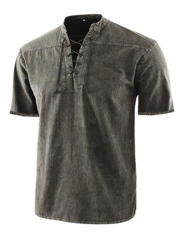 Men's Solid Color Lace Up Woven Short Sleeve Top