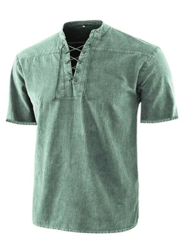 Men's Solid Color Lace Up Woven Short Sleeve Top