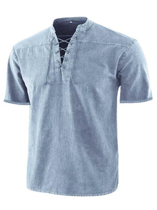Men's Solid Color Lace Up Woven Short Sleeve Top