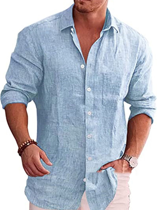 Men's solid color shirt linen lapel long sleeve casual shirt