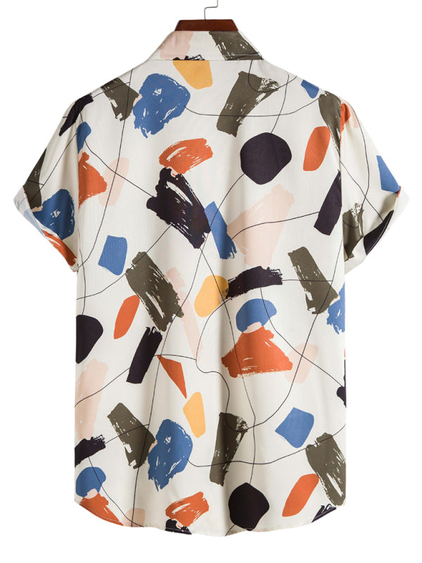 White Graffiti Print Lapel Cotton Slim Fit Men's Shirt