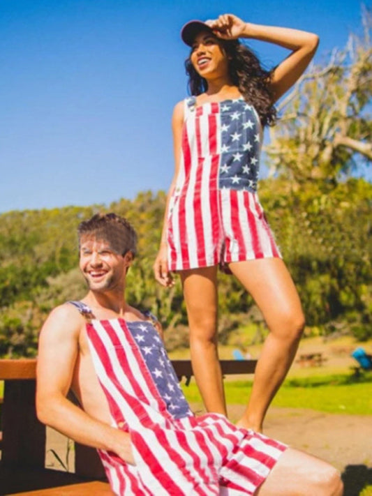 Unisex American Flag Graphic Print Denim Overall Shirt Jeans