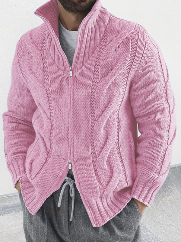 Men's turtleneck cable zipper sweater cardigan