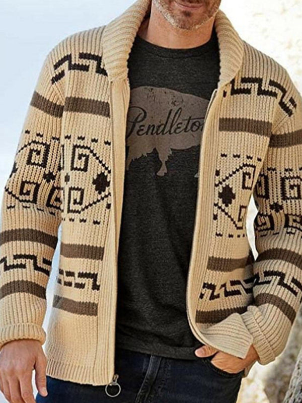 Men's casual lapel jacquard knitted jacket
