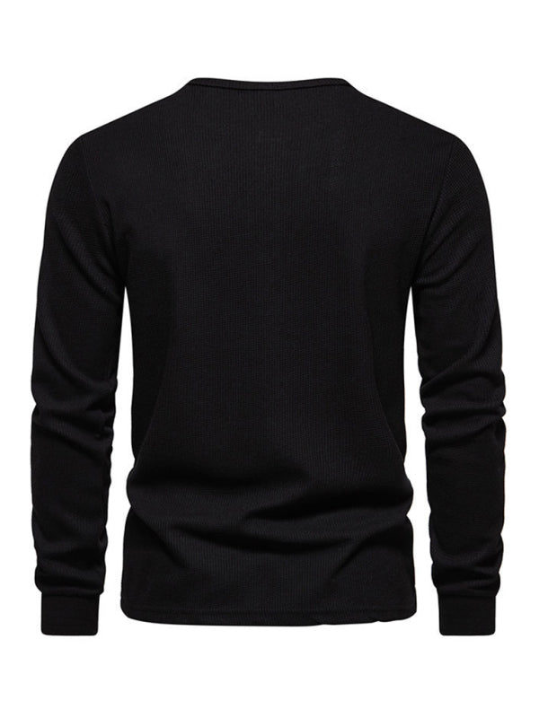 Men's Four Button Waffle Henley Neck Long Sleeve T-Shirt