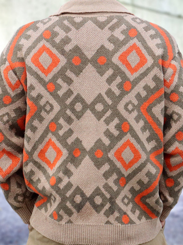 Men's retro heavy-duty jacquard cardigan sweater autumn and winter lapel long-sleeved knitted jacket