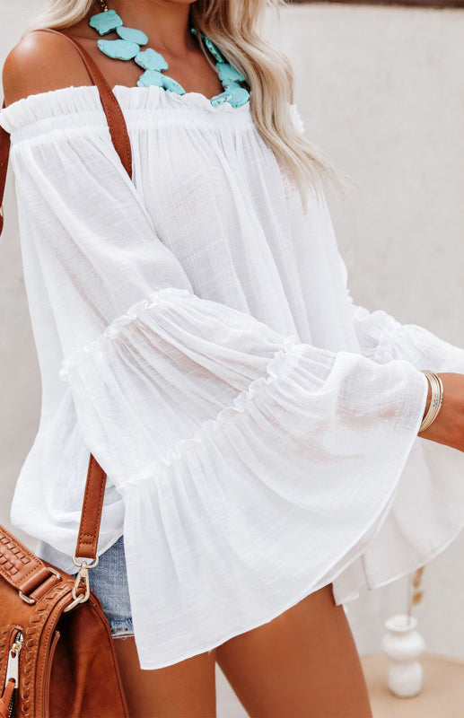 Women's  Slub Cotton Women's Flared Sleeve One-Line Neck Sexy Top