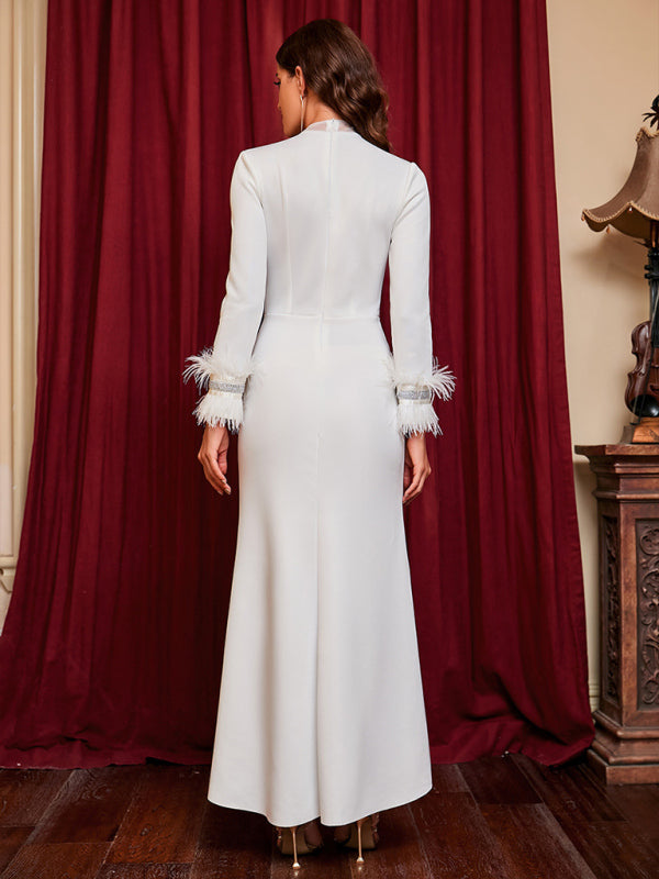 Woman'S New Sexy Hot Drill Deep V Slit Feather Dress