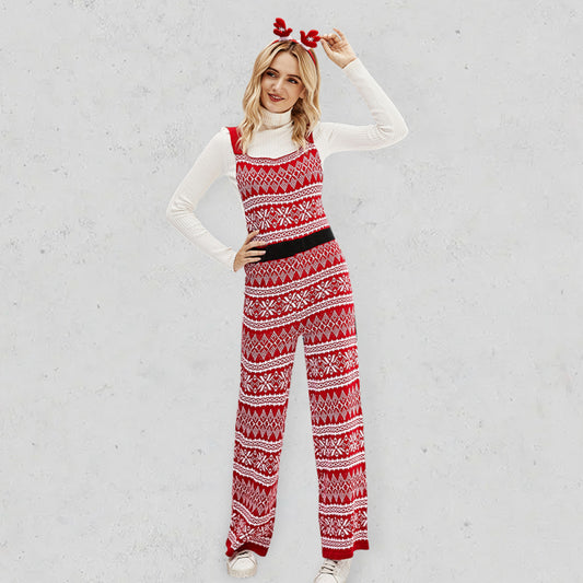Women’s Loose Fit Christmas Print Patchwork Knit Shoulder Strap Jumpsuit