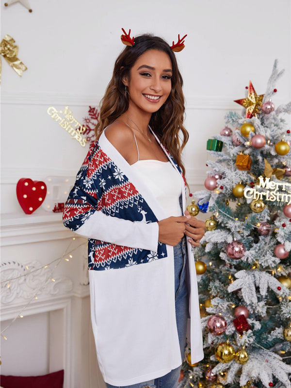 Women's loose color blocking Christmas print casual cardigan
