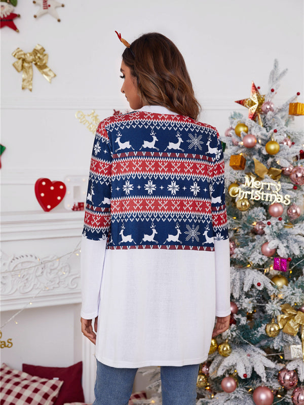 Women's loose color blocking Christmas print casual cardigan