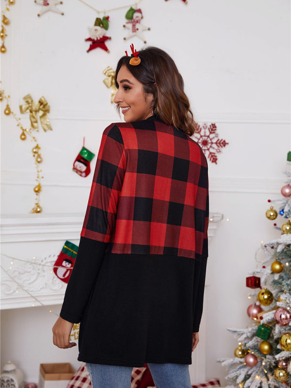 Women's loose color blocking Christmas print casual cardigan
