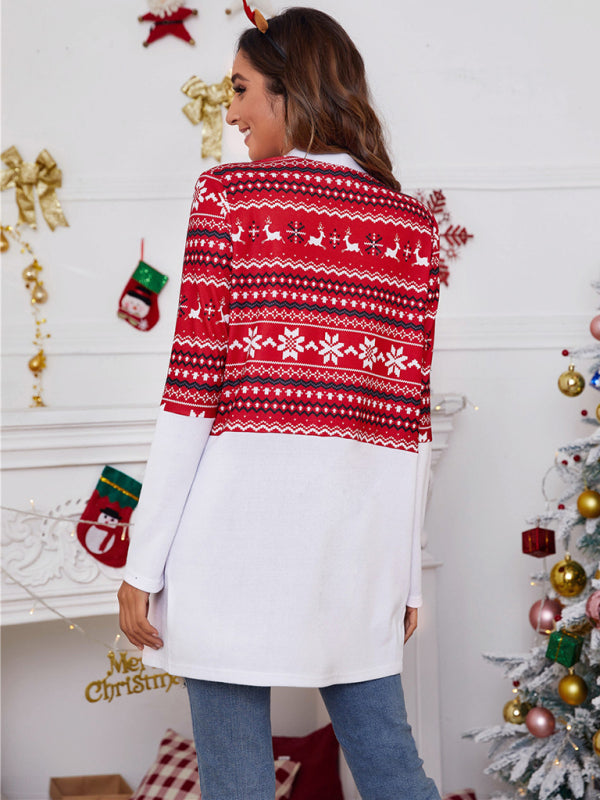 Women's loose color blocking Christmas print casual cardigan
