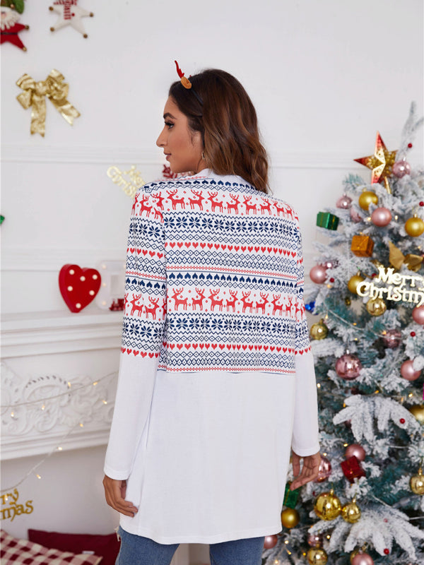 Women's loose color blocking Christmas print casual cardigan