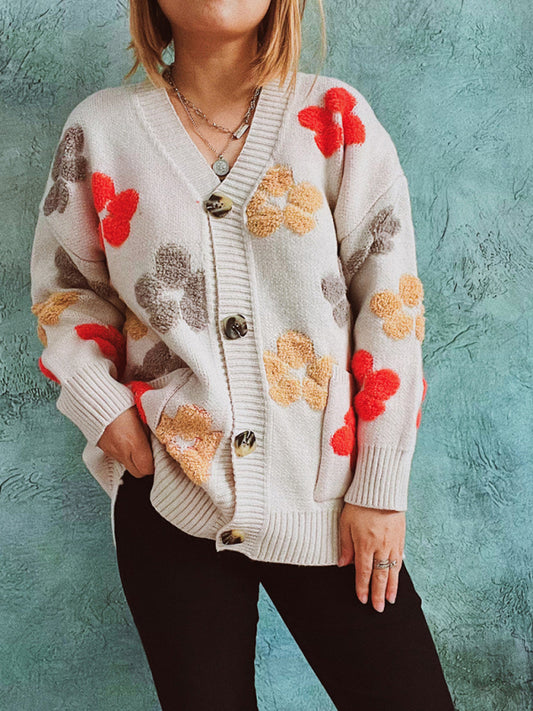 Women's Statement Textured Floral Button Up Cardigan With Front Pockets