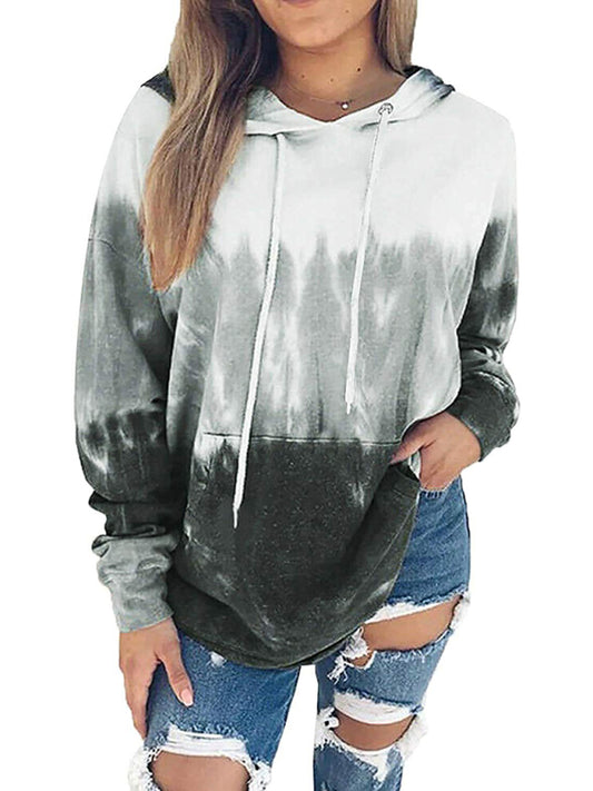 Women’s Drawstring Hood Hued Tie-dye Washes Kangaroo Pocket Hoodie