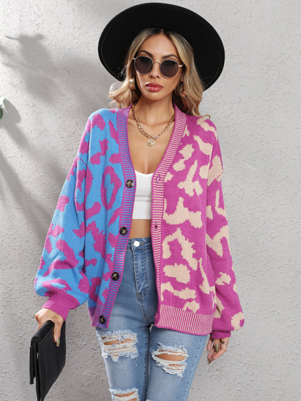 Single Breasted Street Panel Leopard Print Oversized Knit Cardigan Sweater