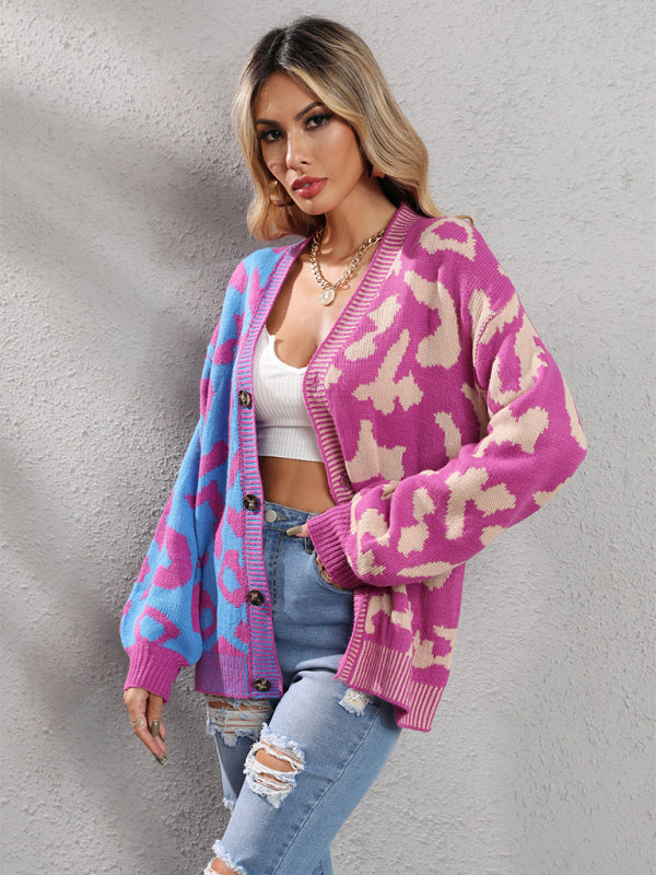 Single Breasted Street Panel Leopard Print Oversized Knit Cardigan Sweater