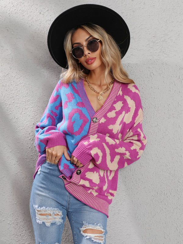 Single Breasted Street Panel Leopard Print Oversized Knit Cardigan Sweater