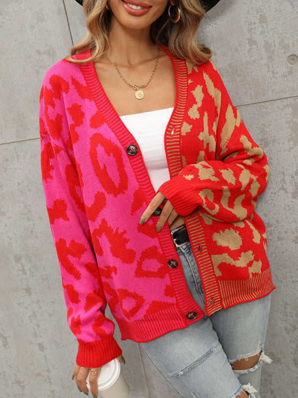 Single Breasted Street Panel Leopard Print Oversized Knit Cardigan Sweater