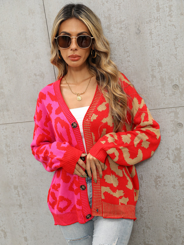 Single Breasted Street Panel Leopard Print Oversized Knit Cardigan Sweater