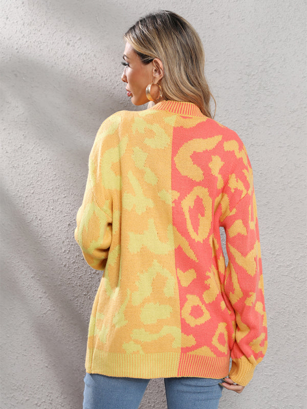 Single Breasted Street Panel Leopard Print Oversized Knit Cardigan Sweater