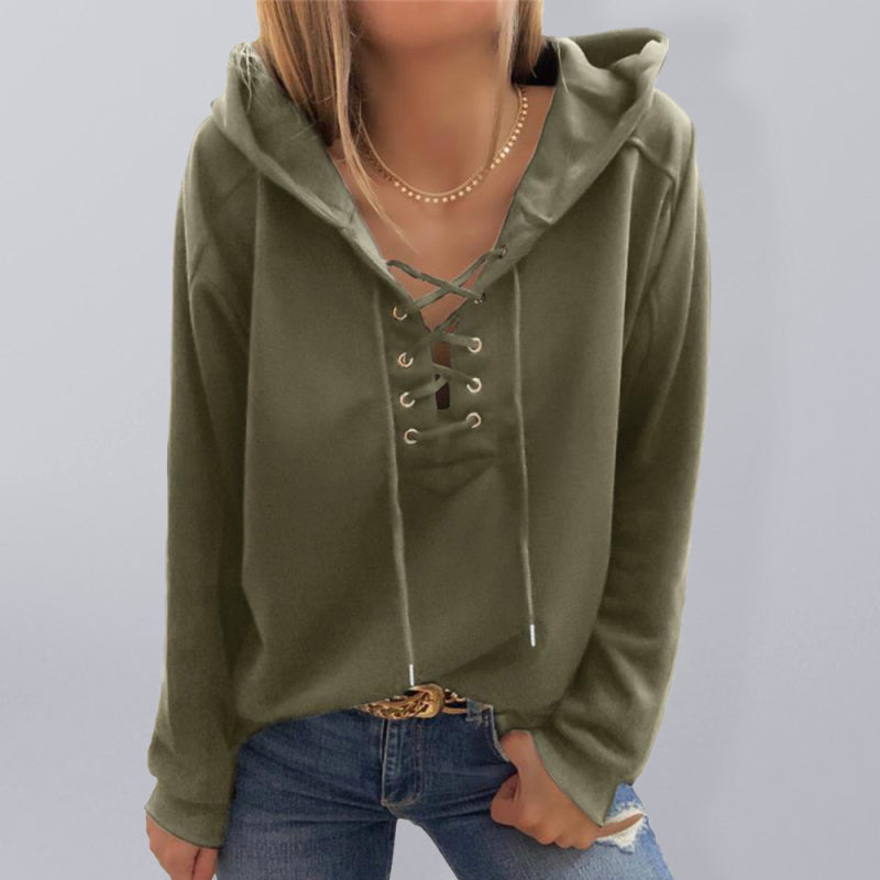 Women's Solid Color Lace Up Long Sleeve Hoodie