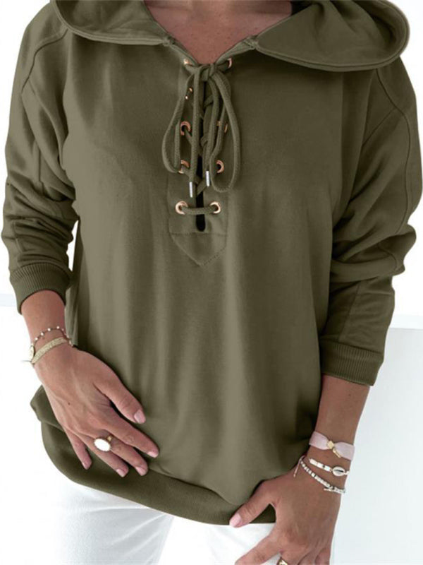 Women's Solid Color Lace Up Long Sleeve Hoodie