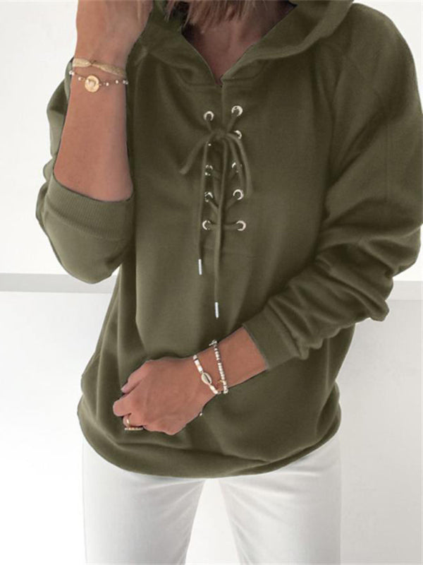 Women's Solid Color Lace Up Long Sleeve Hoodie