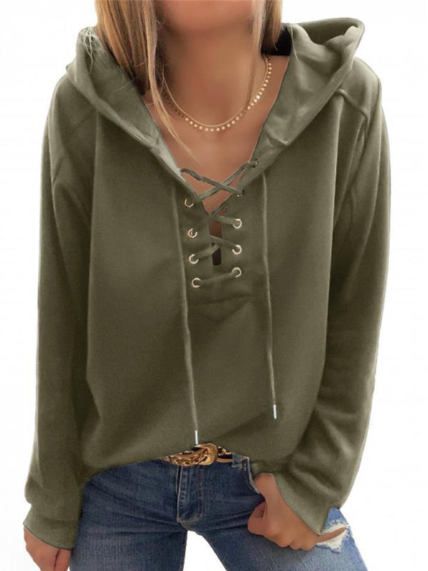 Women's Solid Color Lace Up Long Sleeve Hoodie