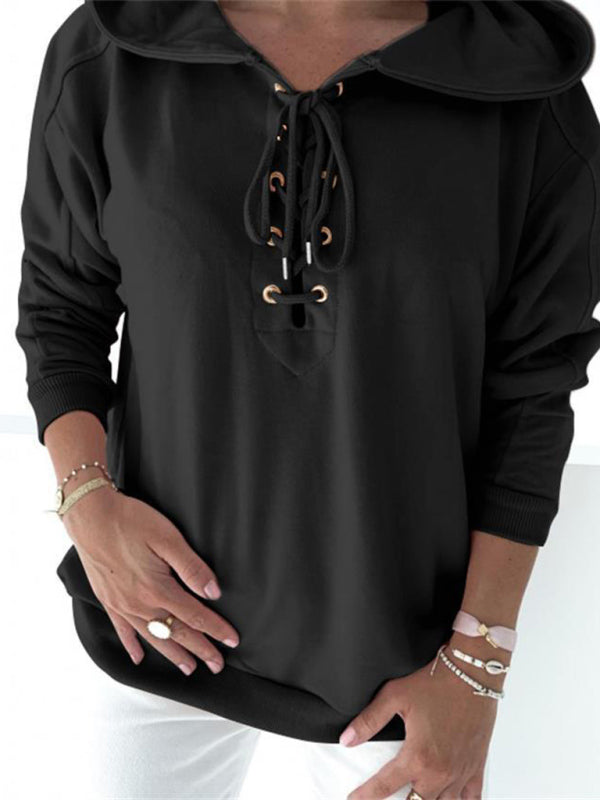 Women's Solid Color Lace Up Long Sleeve Hoodie