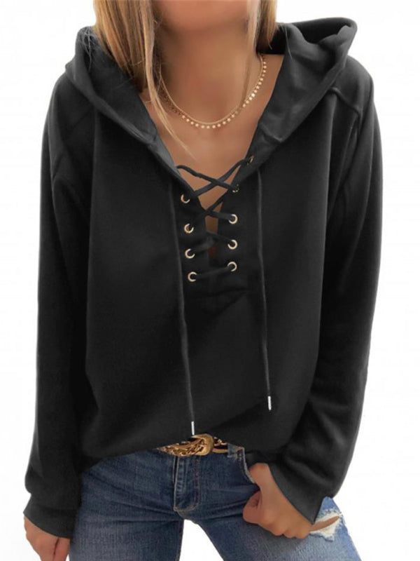 Women's Solid Color Lace Up Long Sleeve Hoodie