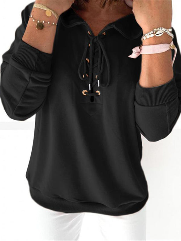 Women's Solid Color Lace Up Long Sleeve Hoodie