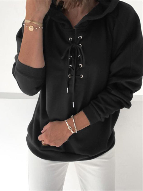 Women's Solid Color Lace Up Long Sleeve Hoodie