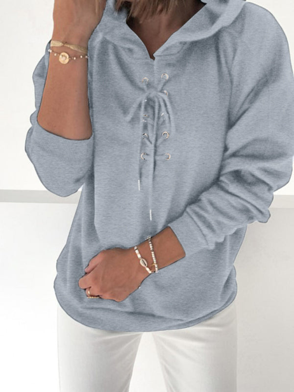 Women's Solid Color Lace Up Long Sleeve Hoodie