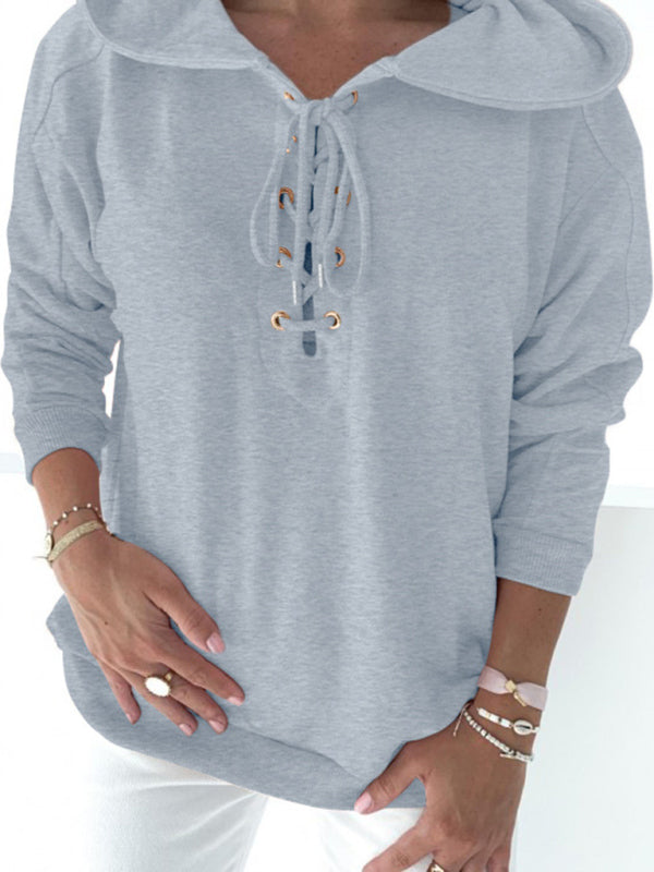 Women's Solid Color Lace Up Long Sleeve Hoodie
