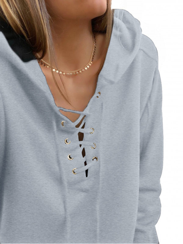 Women's Solid Color Lace Up Long Sleeve Hoodie