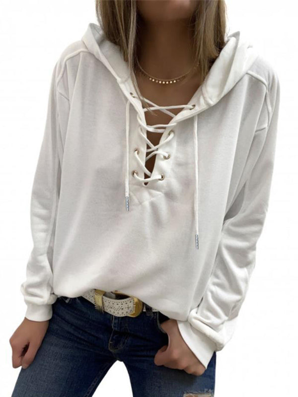 Women's Solid Color Lace Up Long Sleeve Hoodie