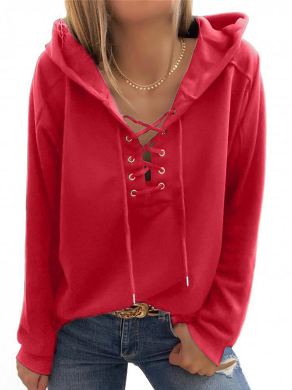 Women's Solid Color Lace Up Long Sleeve Hoodie