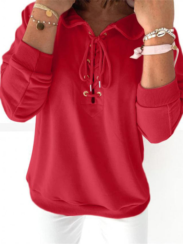 Women's Solid Color Lace Up Long Sleeve Hoodie