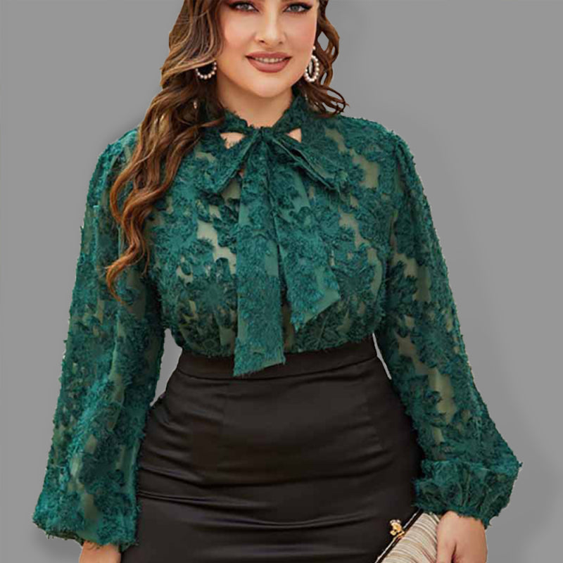 Women's Solid Color Plus Size Lace Trim Tie Neck Long Sleeve Lace Top