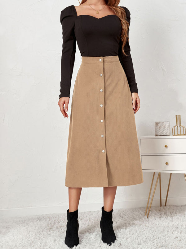 Women's Solid Color Corduroy Button Front A Line Midi Skirt